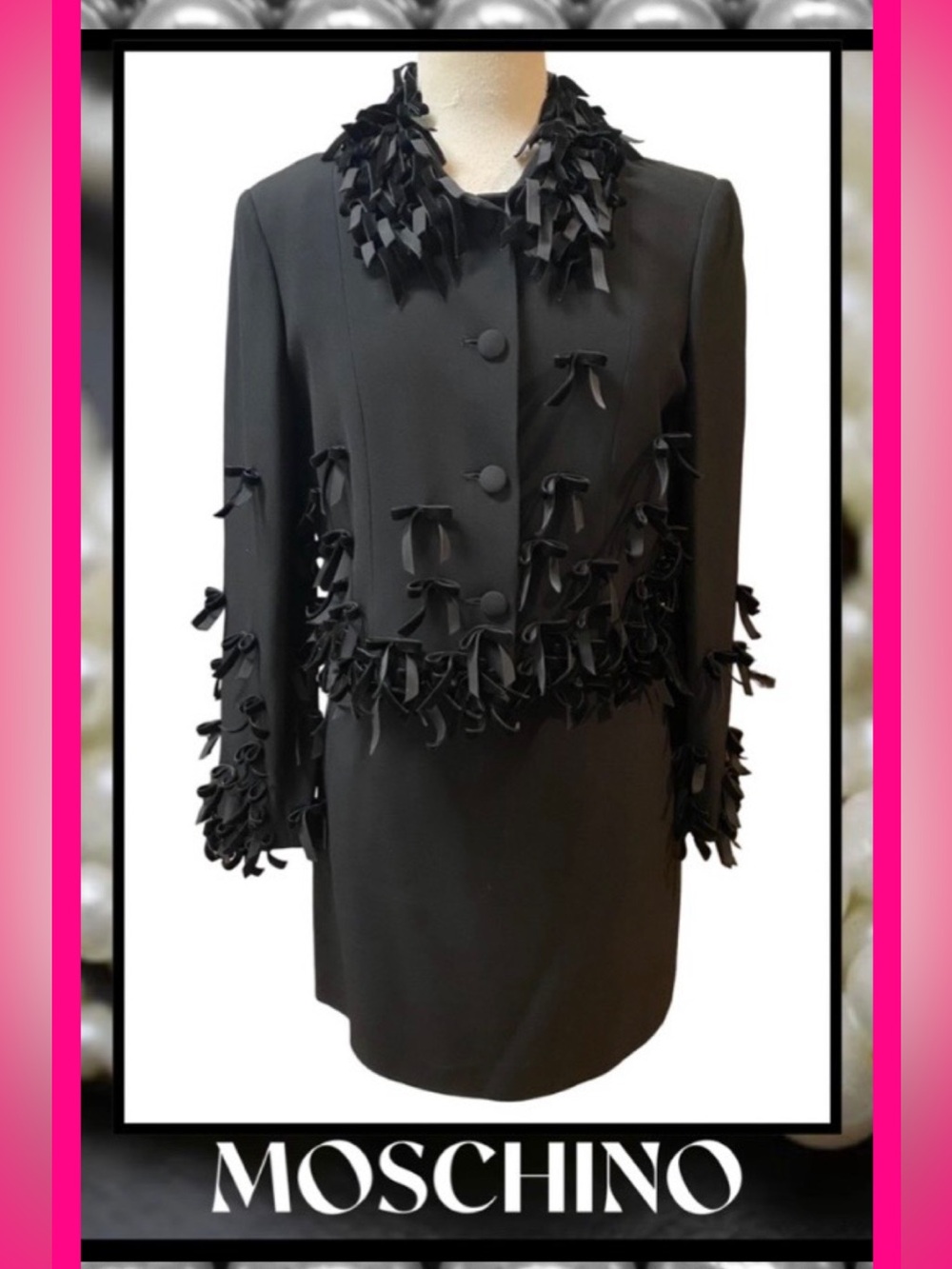 MOSCHINO Cheap & Chic Black Crepe Jacket & Skirt w/ Velvet Bows Sz 44/10 (8) NEW
